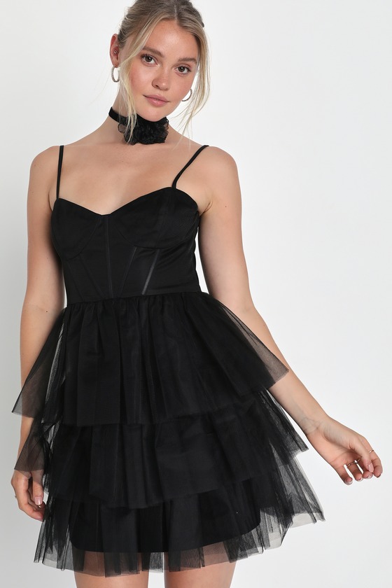 Lulus Rule The Runway Black Tulle Bustier Tiered Mini Dress