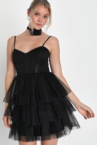 Rule the Runway Black Tulle Bustier Tiered Mini Dress