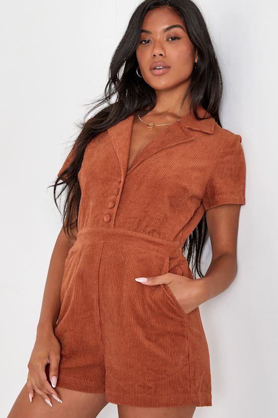 Rust Brown Corduroy Romper Short Sleeve Romper Retro Romper Lulus