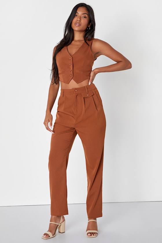 Lulus Hot Pur-suit Rust Brown Twill High Waisted Straight Leg Pants