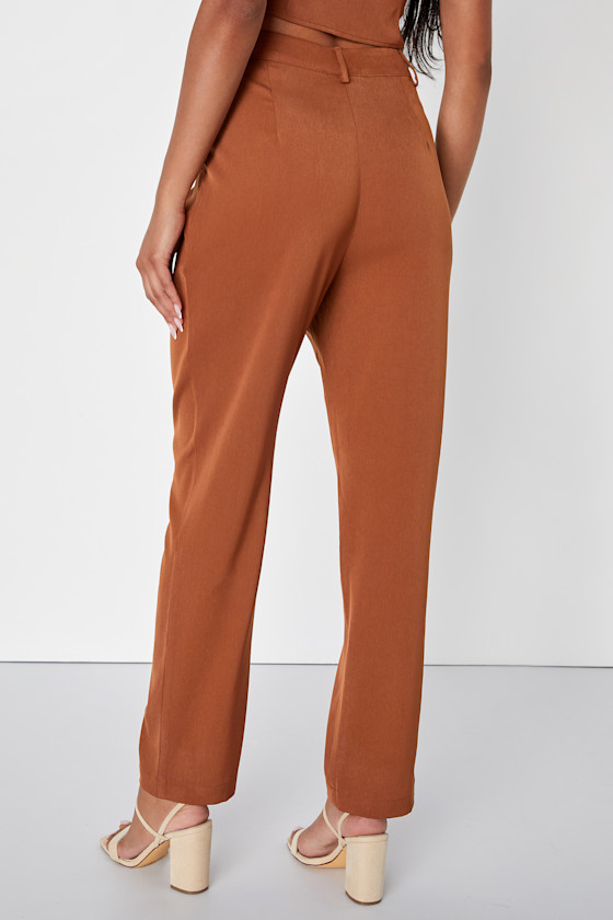 Rust Brown Twill Pants - High Waisted Pants - Straight Leg