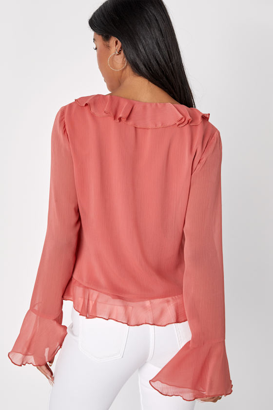 Rusty Rose Chiffon Top - Ruffled Top - Cute Tie-Front Top