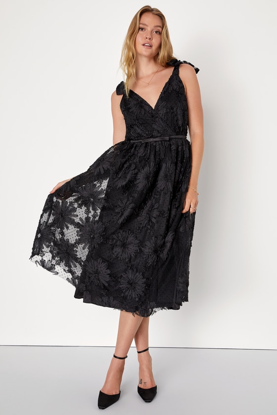 Lulus Definition Of Drama Black Floral Applique Tie-strap Midi Dress