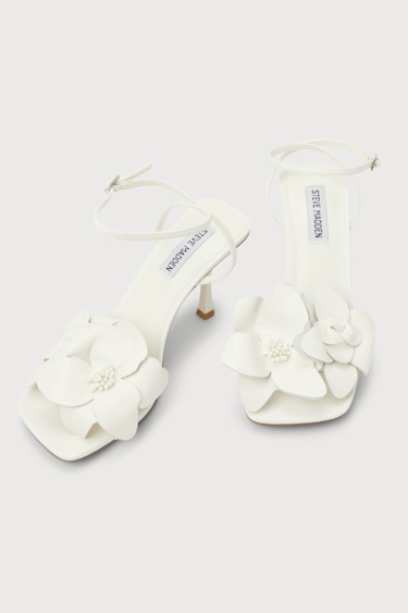 Steve Madden Tranquil White Leather Heeled Sandals - Square Toe Block Heel 5.5 Inch