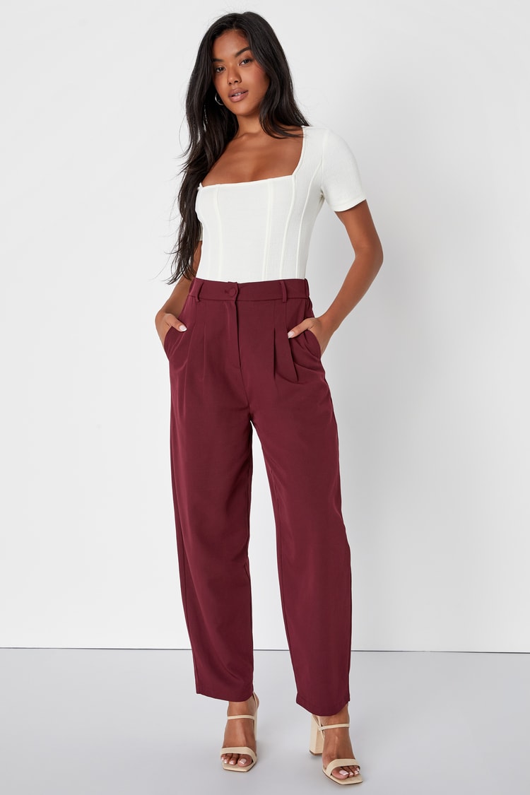 Posh Company Burgundy Pleated High-Waisted Trouser Pants