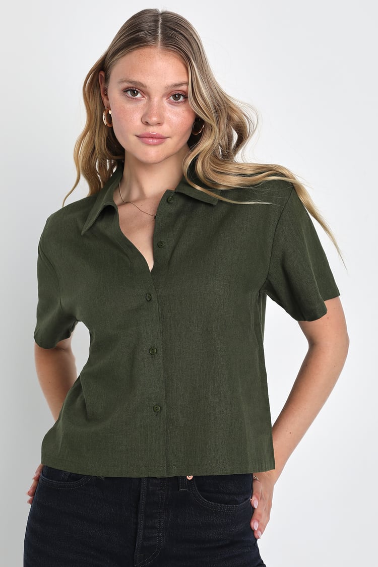 Green Linen Top - Short Sleeve Top - Cropped Button-Up Top - Lulus