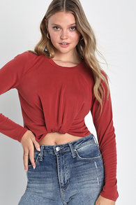 Knot This Way Rust Red Long Sleeve Knotted Top