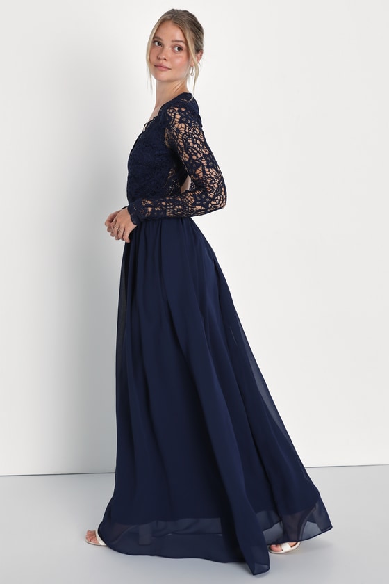 Navy Blue Dress - Maxi Dress - Lace Dress- Long Sleeve Dress - Lulus