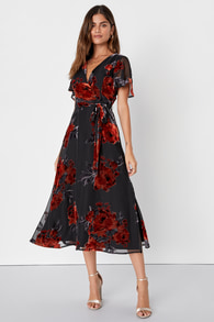 Sweetest Impression Black Floral Velvet Tie-Front Midi Dress