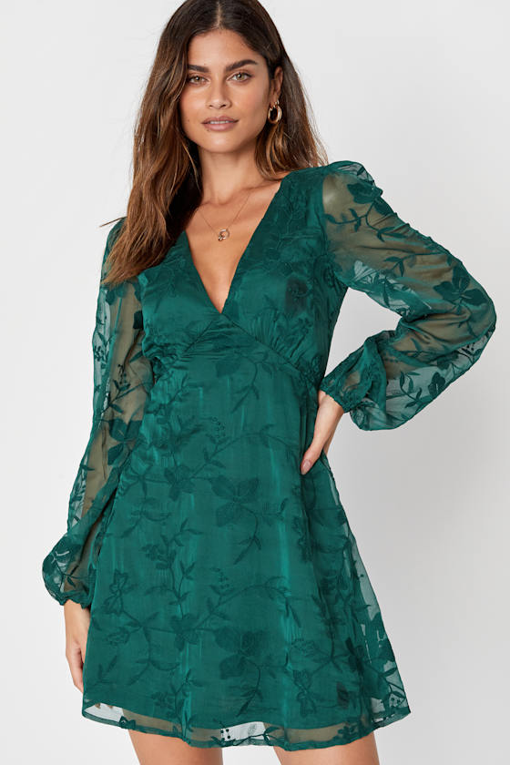 Lenina ♥ LILIANA puff sleeve embroidery dress Green Mini Dress - Floral Embroidered Dress - Puff Sleeve