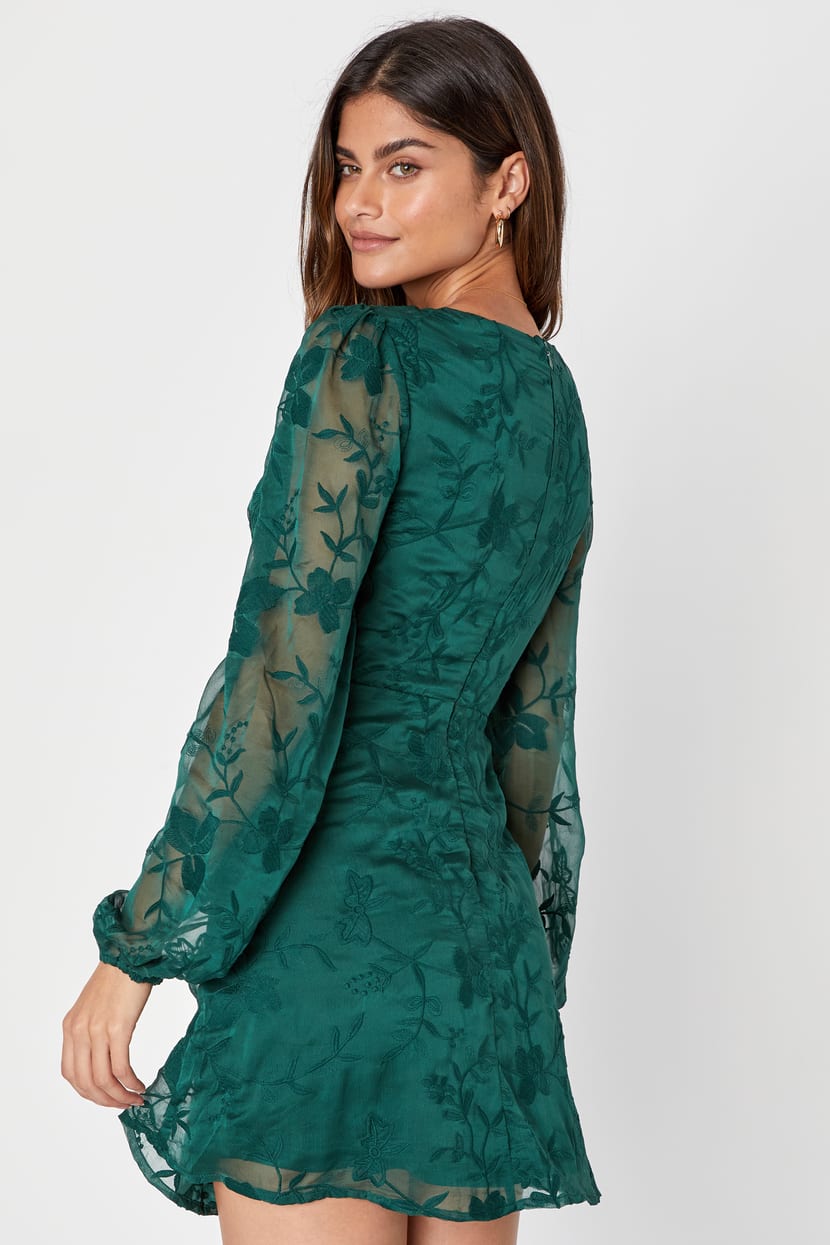 Angelic Bliss Emerald Green Embroidered Puff Sleeve Mini Dress