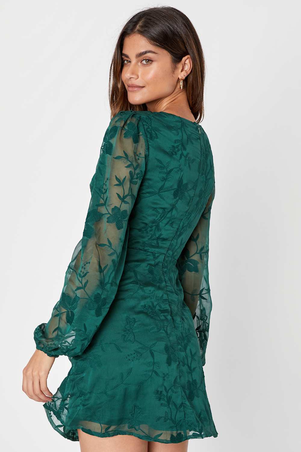 Angelic Bliss Emerald Green Embroidered Puff Sleeve Mini Dress