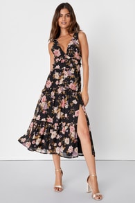 Confidently Sweet Black Floral Ruffled Backless Midi Dress