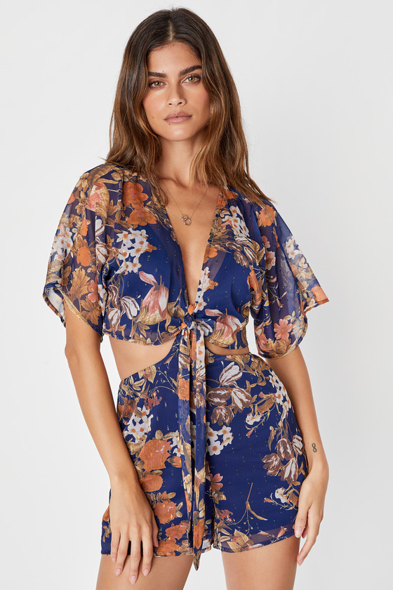 Navy Blue Floral Romper - Chiffon Tie-Front Romper - Lurex Romper - Lulus
