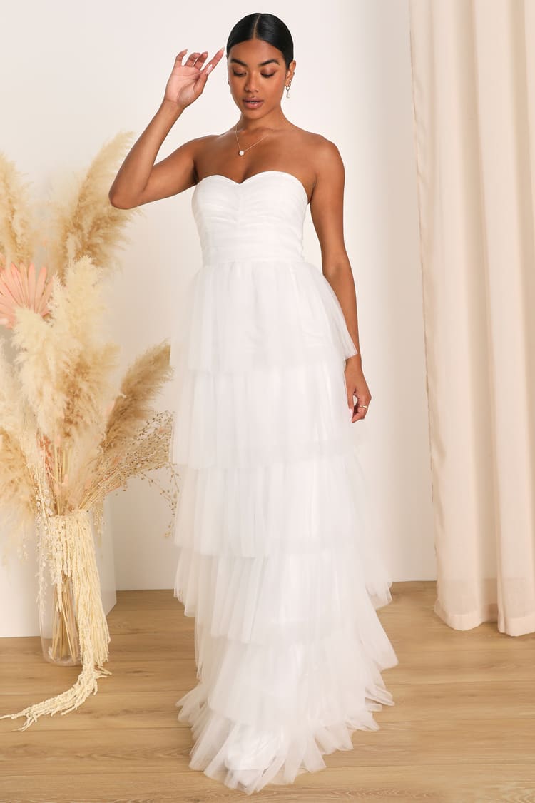 White Tulle Gown - Tulle Tiered Maxi Dress - White Strapless Gown - Lulus