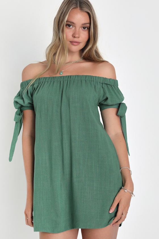 Al Fresco Evenings Olive Green Off-the-Shoulder Dress 12
