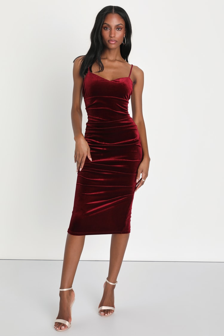 Plush Personality Wine Red Velvet Ruched Bodycon Midi Dress