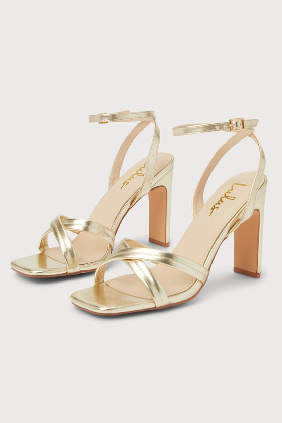 Lulus Milanii Gold Square Toe Ankle Strap High Heel Sandal Heels