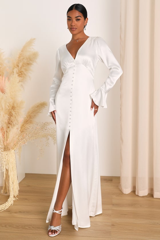 Lulus Elegant Celebration White Satin Long Sleeve Slip Maxi Dress