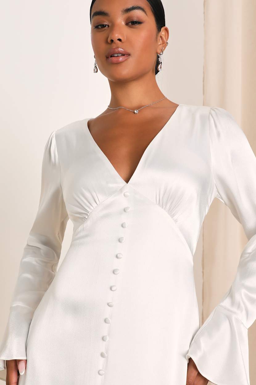 knee length dresses for ladies Square Neck Long Sleeve Mermaid Dress in White Satin | Formal High-Low Midi  Gown for Wedding Guest, Rehearsal Dinner & Special Occasions main image 1
