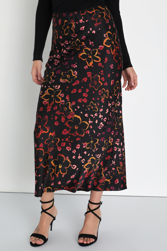 Black Satin Skirt - Black Midi Skirt - Satin Floral Print Skirt - Lulus
