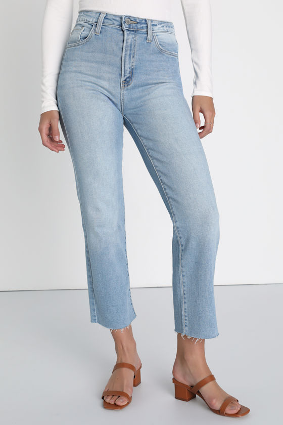 Essential Charm Light Wash Straight Leg Raw Hem Denim Jeans 2