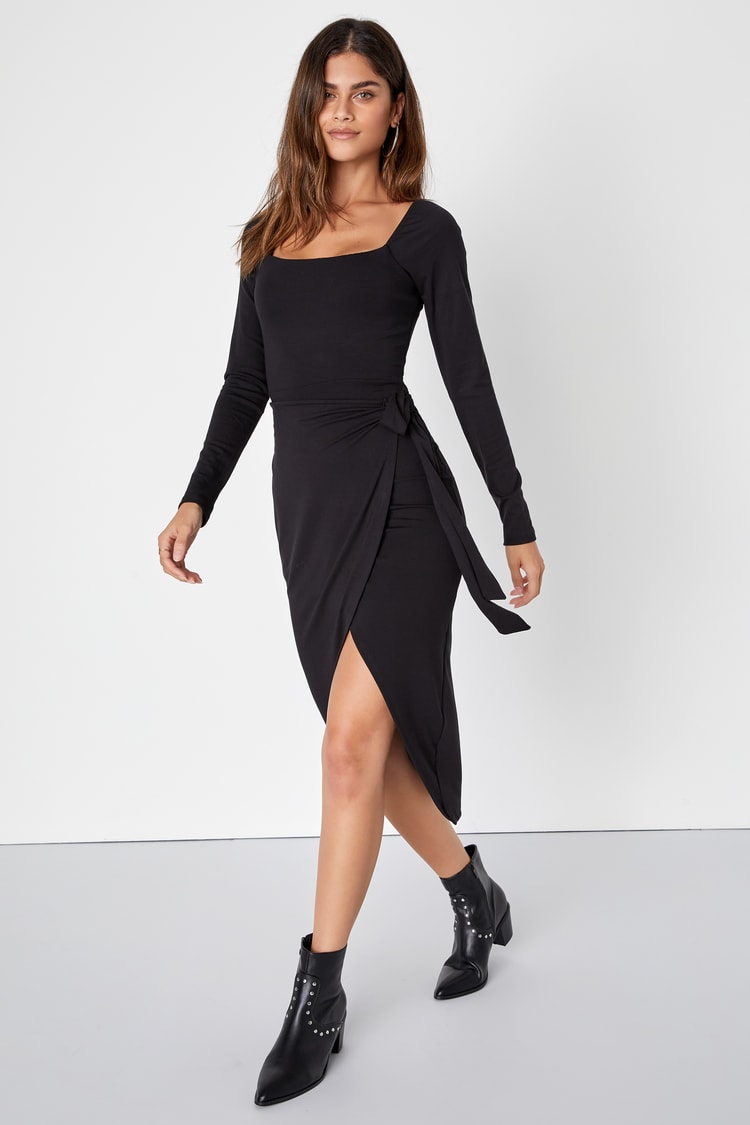 Timeless Black Wrap Midi Dress