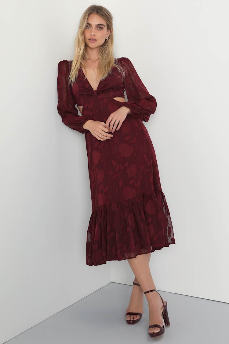 Wine Red Floral Dress - Burnout Midi Dress - Long Sleeve Dress - Lulus