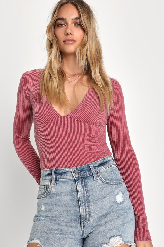 Mauve Long Sleeve Top - Textured Ribbed Top - V-Neck Top - Lulus