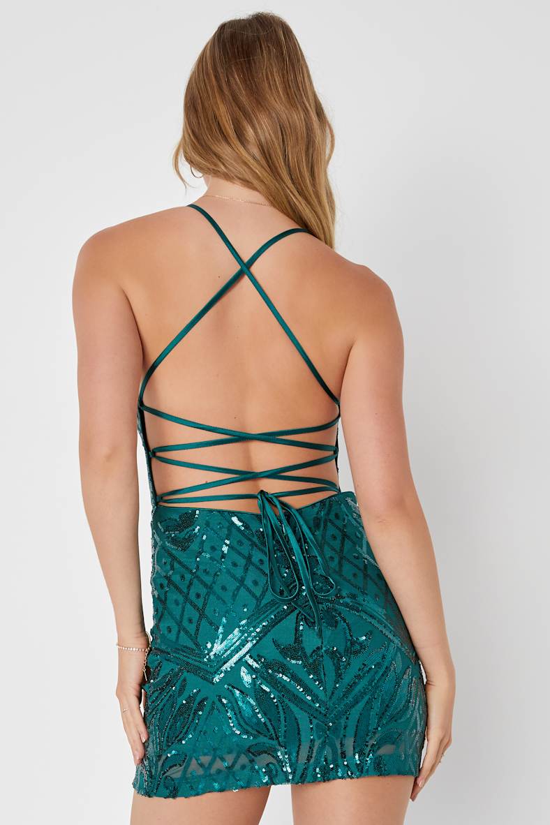 Undeniably Amazing Emerald Green Sequin Lace-Up Mini Dress
