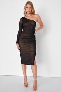 Enticing Perfection Black and Beige Mesh One-Shoulder Midi Dress
