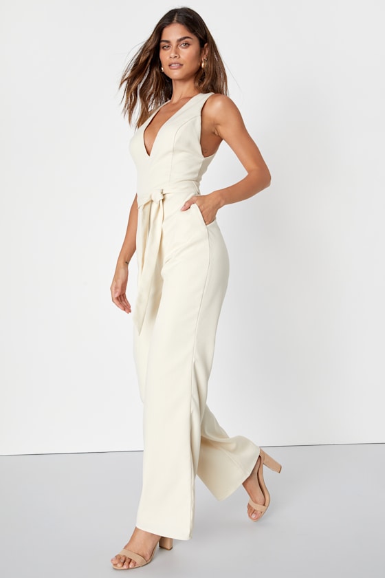 Cream Sleeveless Jumpsuit Wide Leg Jumpsuit Chic Jumpsuit Lulus