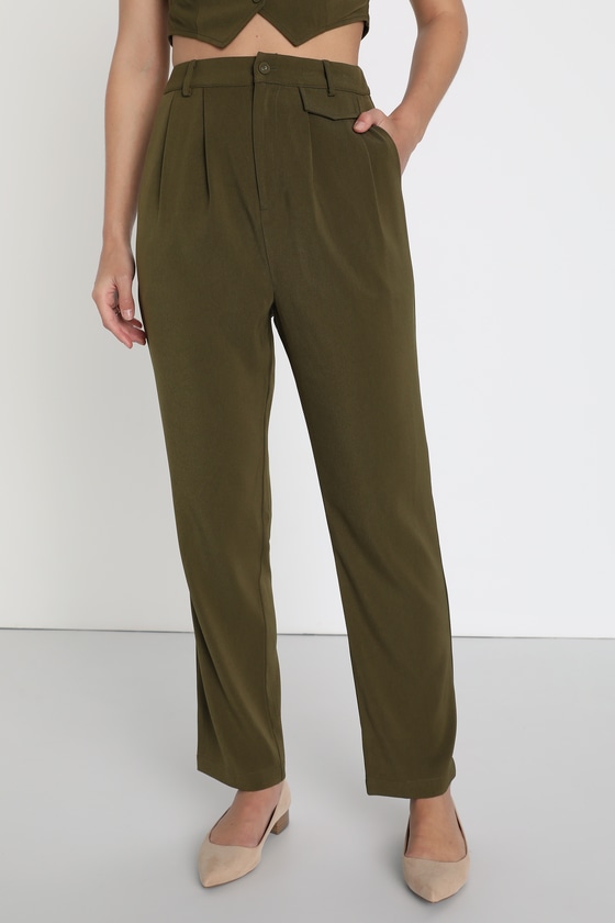 Olive Green Twill Pants - High Waisted Pants - Straight Leg Pants - Lulus
