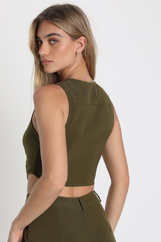 Olive Green Twill Vest Top - Vest Top - Cropped Vest - Cute