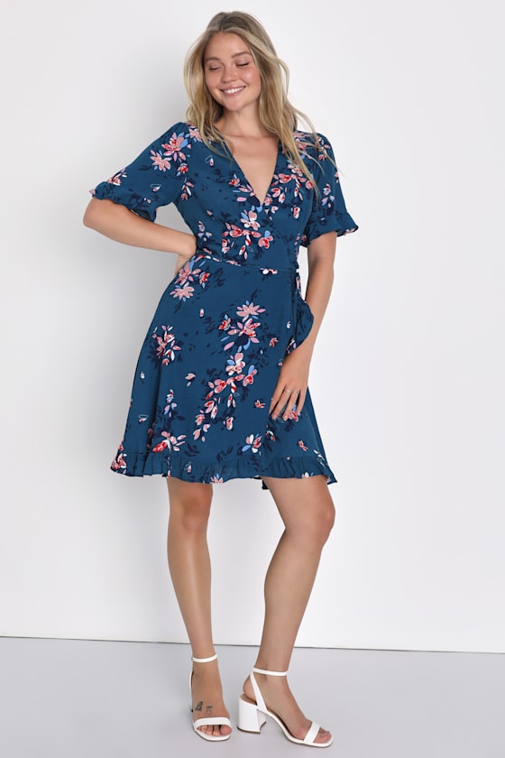 Dalton Teal Blue Floral Print Ruffled Wrap Dress 5