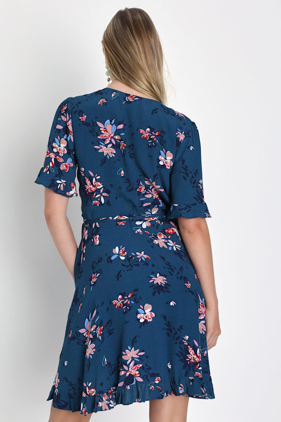 Dalton Teal Blue Floral Print Ruffled Wrap Dress 6