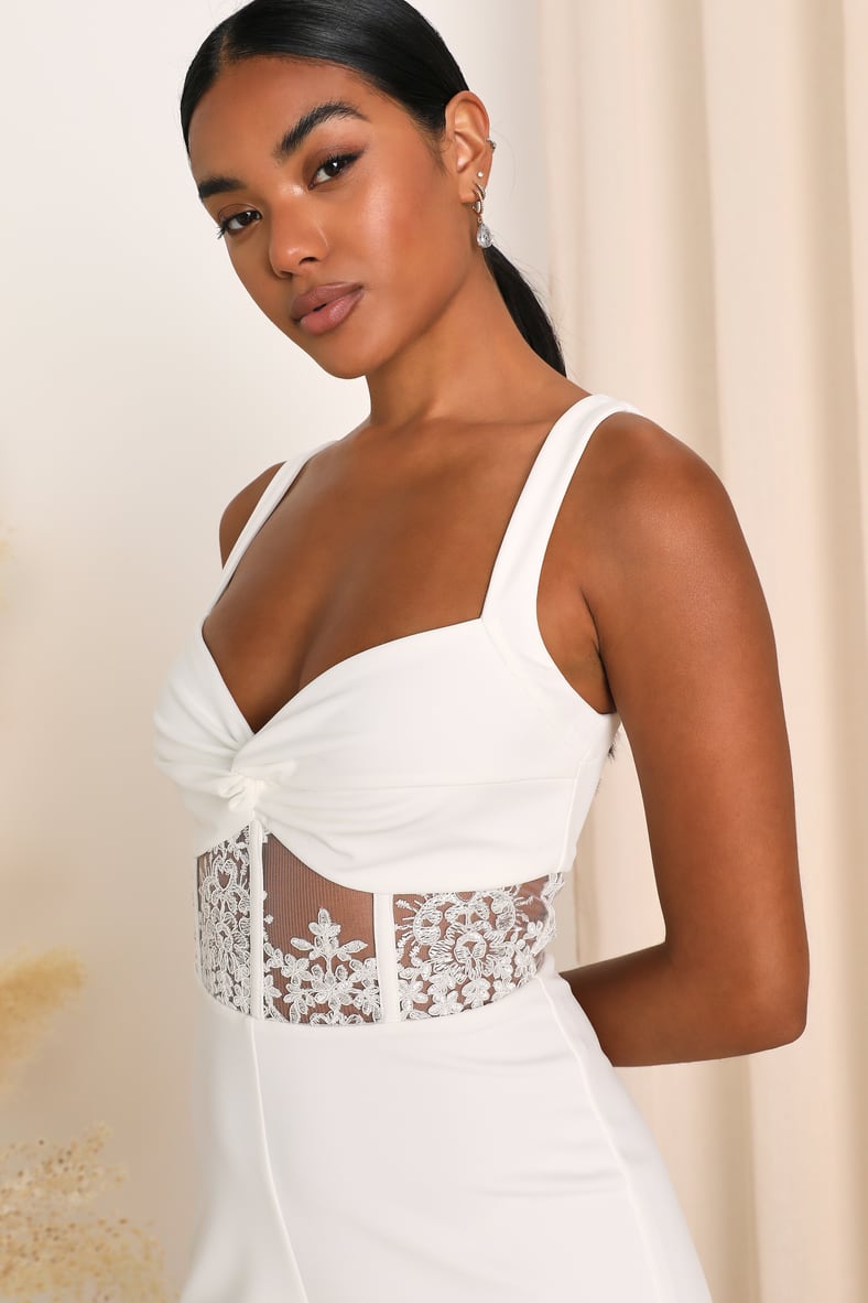 Adore the Feeling White Sheer Lace Bustier Twist-Front Jumpsuit