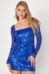 Ultimate Glow Royal Blue Sequin Long Sleeve Bodycon Mini Dress