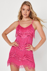 Shake It Off Hot Pink Sequin Fringe Sleeveless Mini Dress
