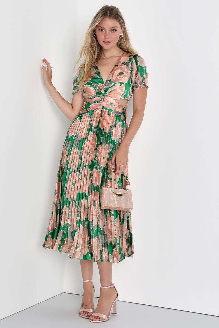 Green Satin Floral Dress - Puff Sleeve Midi Dress - Cutout Dress - Lulus