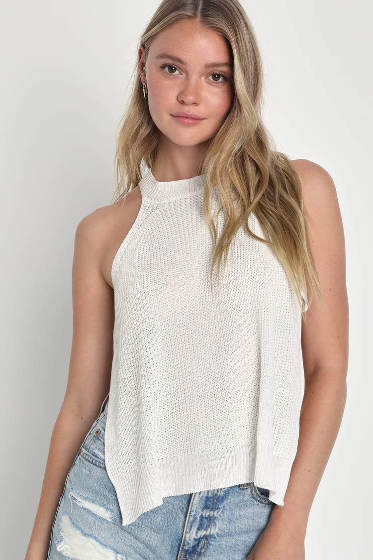 Sunny Style White Loose Knit Mock Neck Side Tie Tank Top