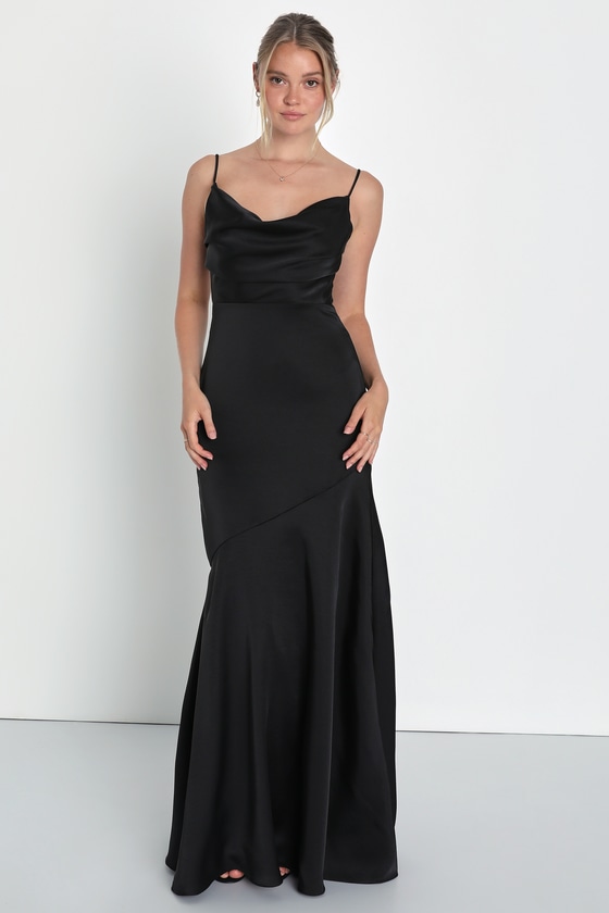 Gala Glamour Black Satin Backless Mermaid Maxi Dress 8
