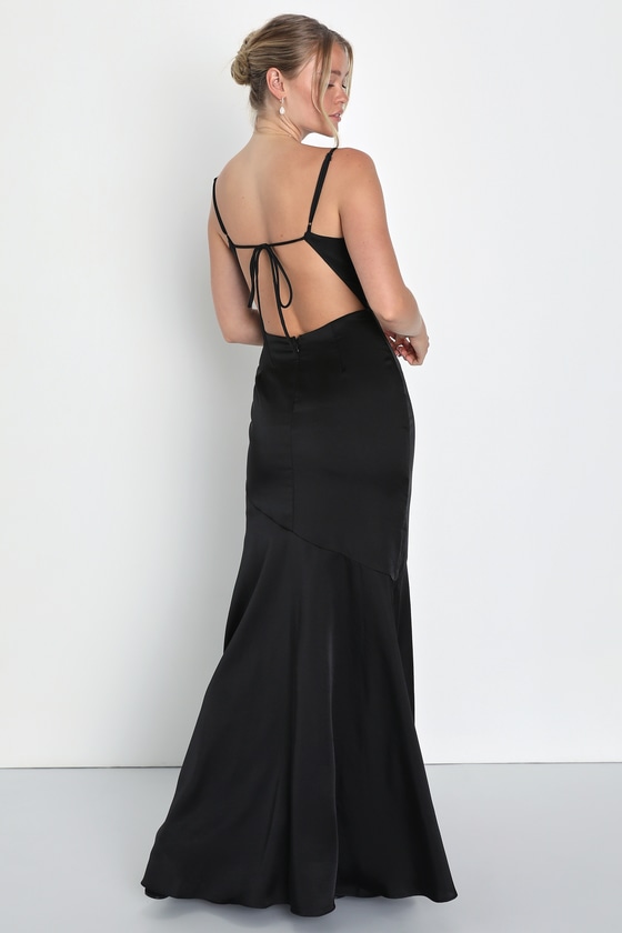 Gala Glamour Black Satin Backless Mermaid Maxi Dress 1