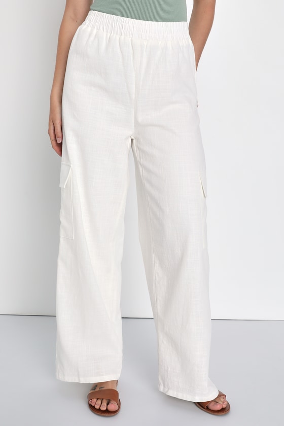 Ivory High-Waisted Pants - Wide Leg Cargo Pants - High Rise Pants - Lulus