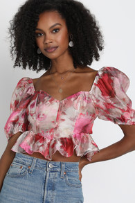 Affectionate Essence Red Floral Puff Sleeve Bustier Tie-Back Top