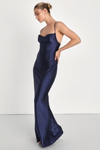 Iconic Allure Navy Blue Cowl Neck Lace-Up Ruched Maxi Dress