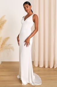 Polished Perfection White Satin Sleeveless Mermaid Maxi Dress