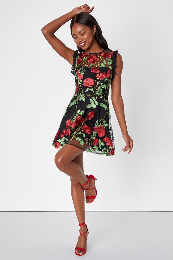 Black Floral Mini Dress - Embroidered Dress- Ruffled Mini Dress