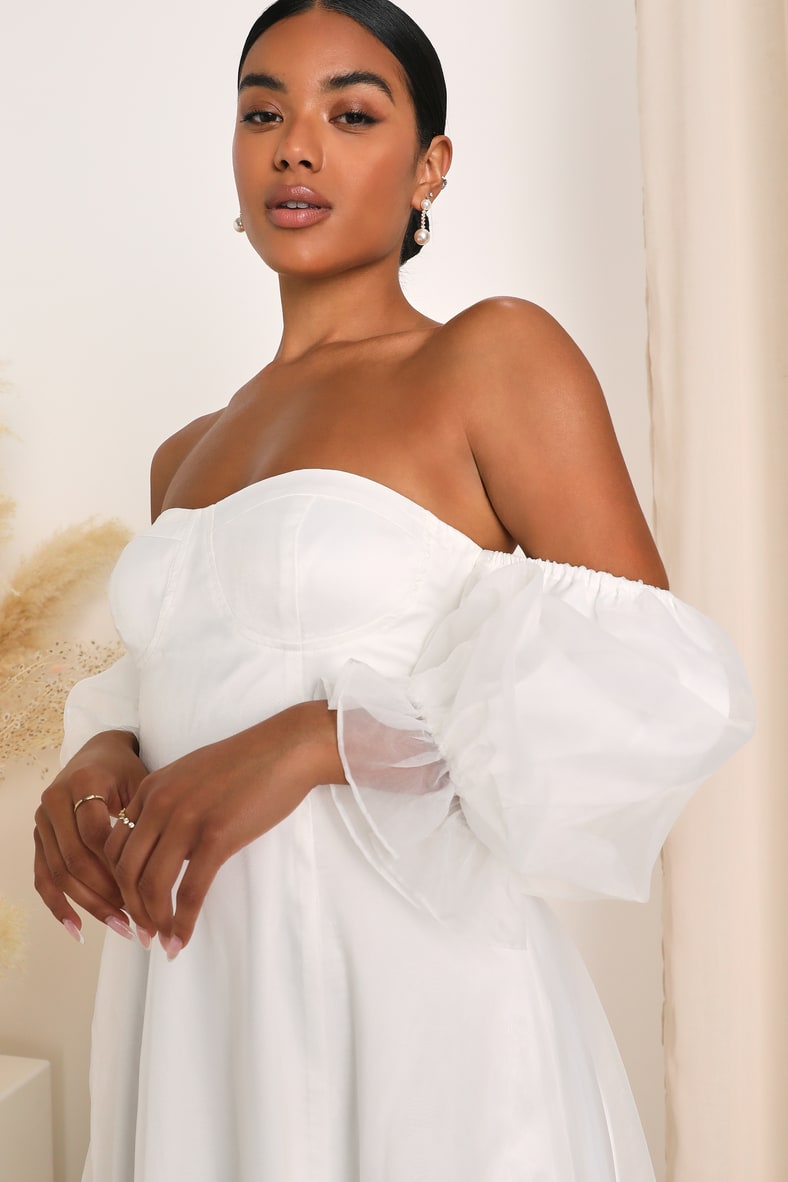 True Excellence White Bustier Off-The-Shoulder Maxi Dress