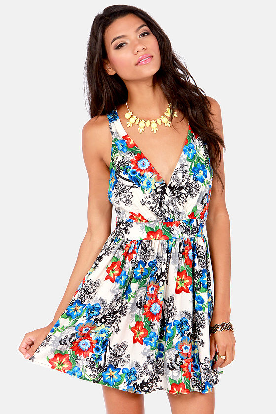 Cute Floral Dress - Backless Dress - Ivory Dress - Flared Dress - $40.00